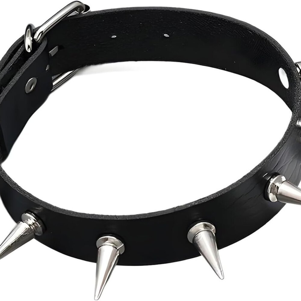 Spiked Leather Choker Collar Necklace, Cool Punk Goth Metal Spike Studded Choker